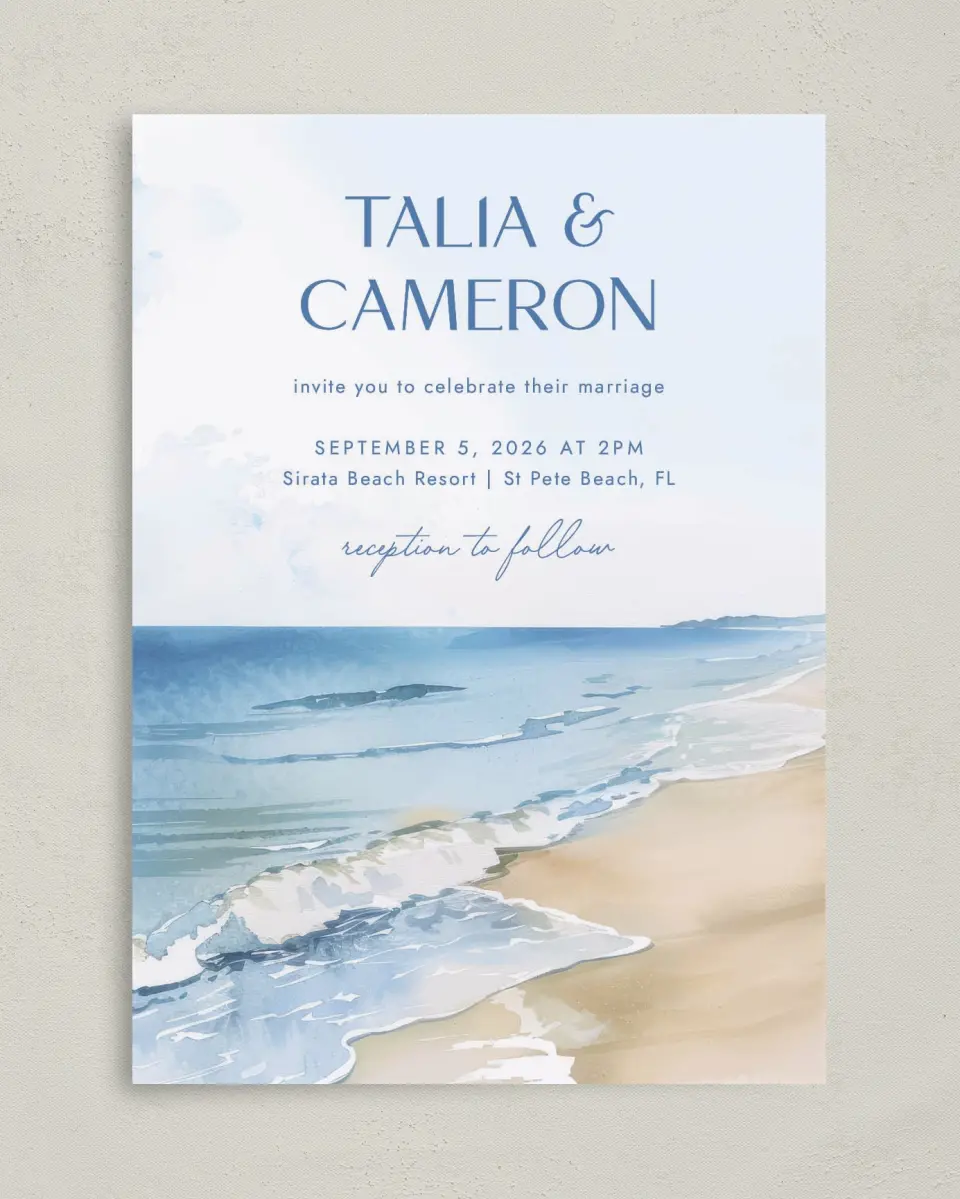 This is a 5" x 7" Classic Wedding Invitation called Seaside Serenade printed in full color on Premium Smooth paper