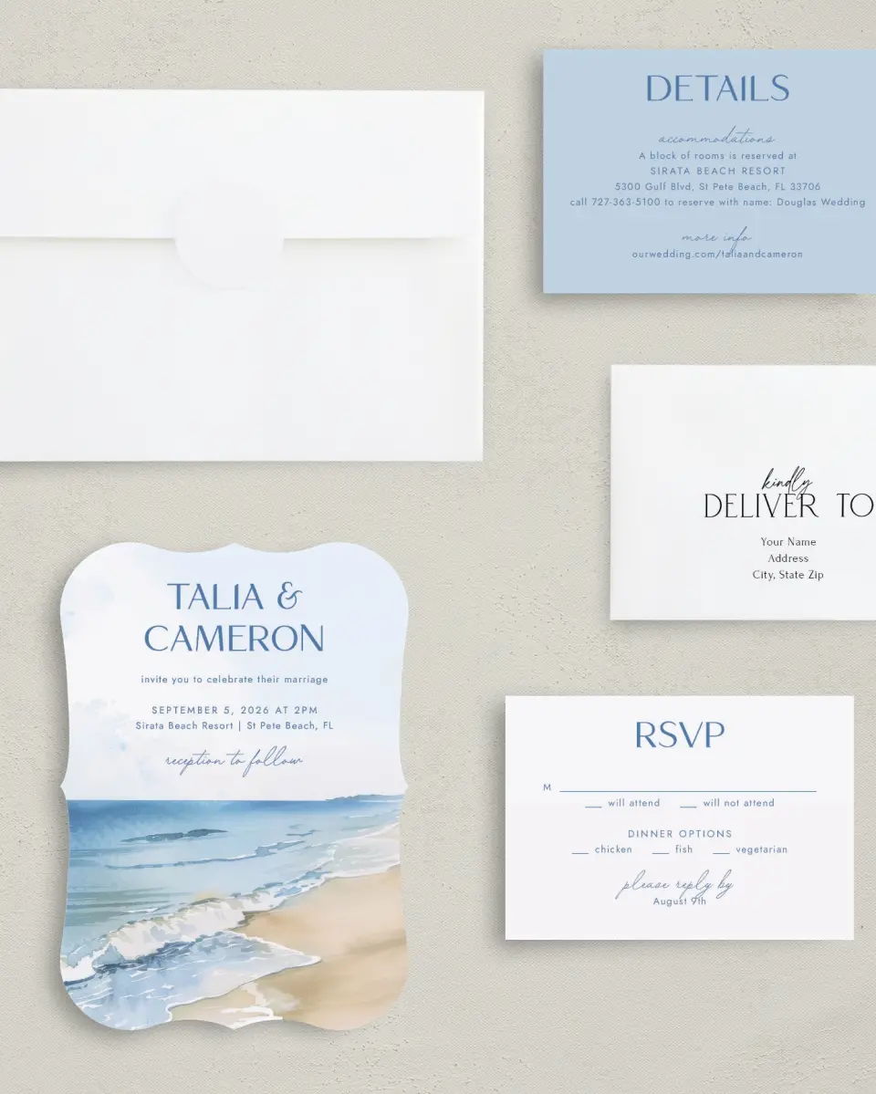 This is a 5" x 7" Bracket Wedding Invitation called Seaside Serenade printed in full color with Silver foil on Luxe Satin (coated) paper