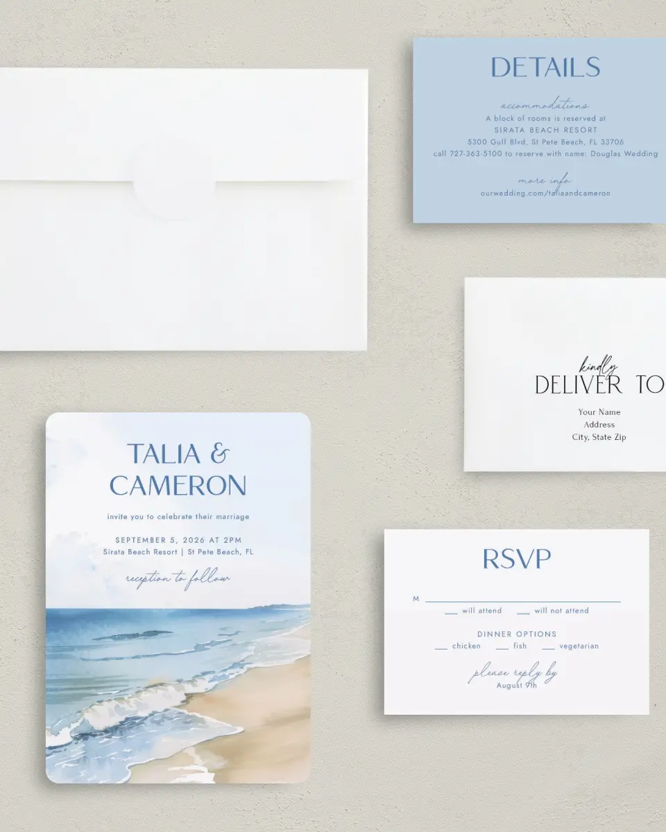 This is a 5" x 7" Rounded Wedding Invitation called Seaside Serenade printed in full color with Gold foil on Luxe Satin (coated) paper