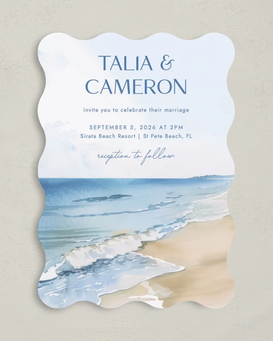 This is a 5" x 7" Wavy Wedding Invitation called Seaside Serenade printed in full color on Premium Smooth paper