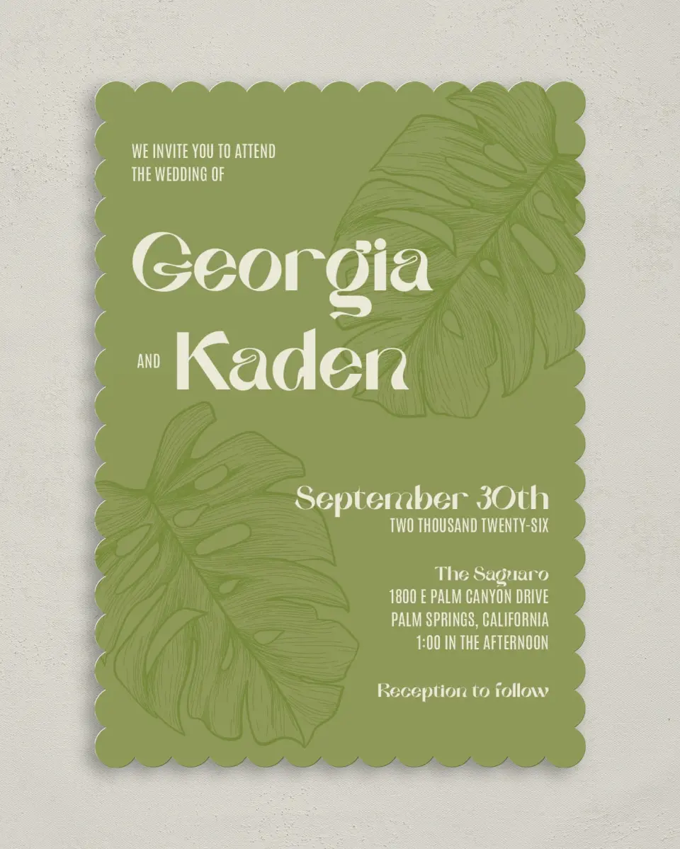 This is a 5" x 7" Classic Wedding Invitation called Zephyr printed in full color on Premium Smooth paper