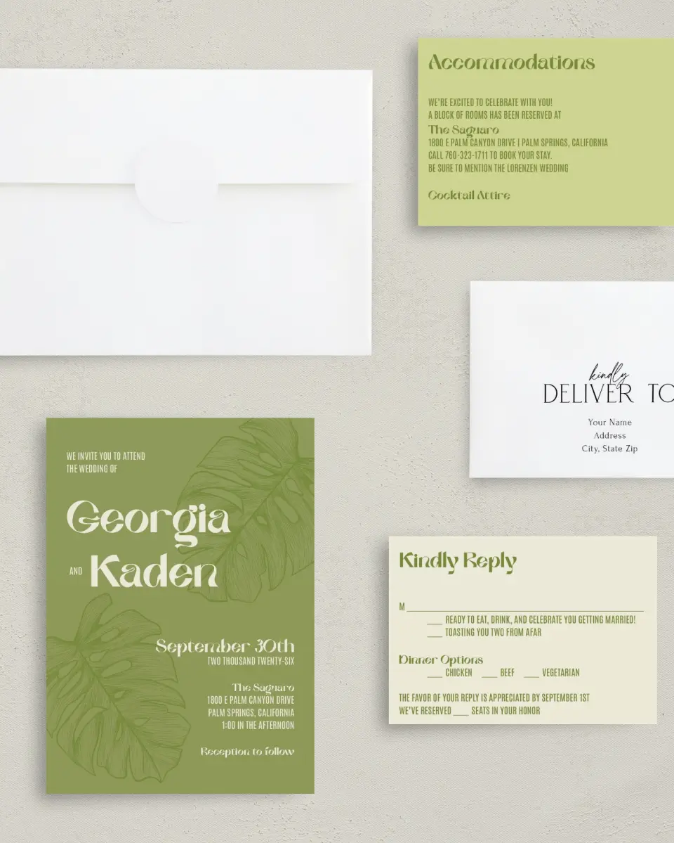 This is a 5" x 7" Classic Wedding Invitation called Zephyr printed in full color with Gold foil on Luxe Satin (coated) paper