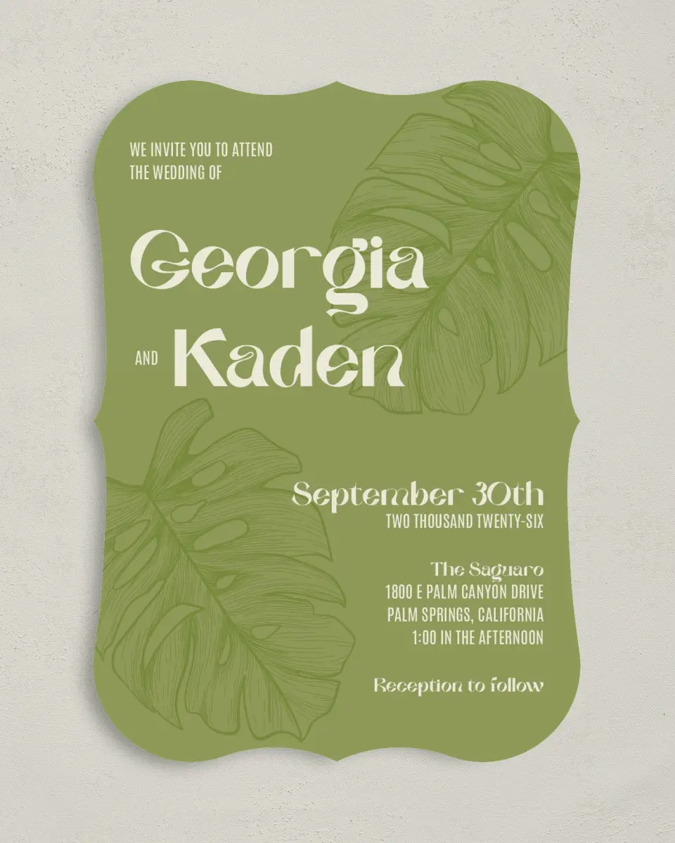 This is a 5" x 7" Bracket Wedding Invitation called Zephyr printed in full color on Premium Smooth paper