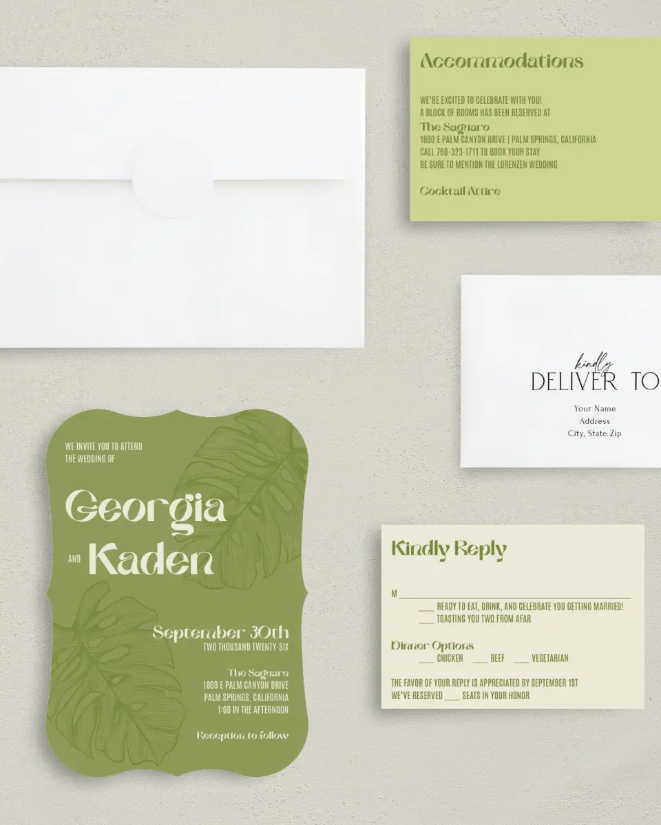 This is a 5" x 7" Bracket Wedding Invitation called Zephyr printed in full color with Silver foil on Luxe Satin (coated) paper