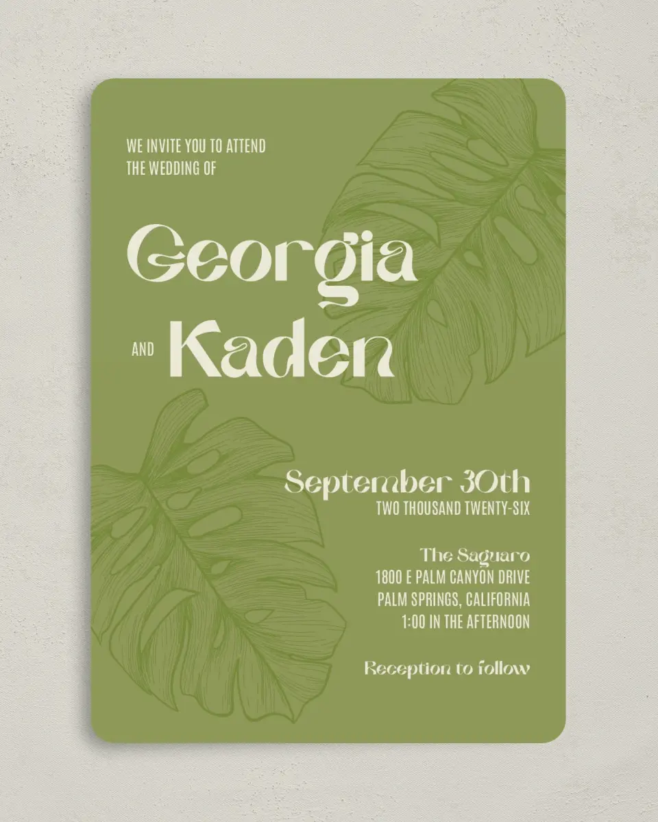 This is a 5" x 7" Rounded Wedding Invitation called Zephyr printed in full color on Premium Smooth paper