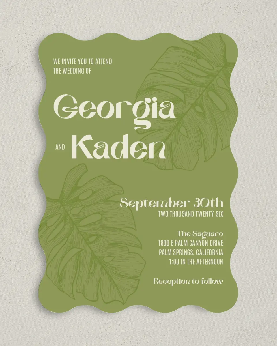 This is a 5" x 7" Wavy Wedding Invitation called Zephyr printed in full color on Premium Smooth paper