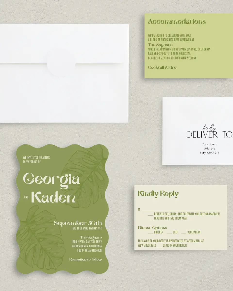 This is a 5" x 7" Wavy Wedding Invitation called Zephyr printed in full color with Gold foil on Luxe Satin (coated) paper