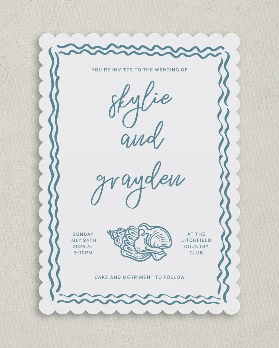 This is a 5" x 7" Classic Wedding Invitation called I Hear Wedding Shells printed in full color on Premium Smooth paper