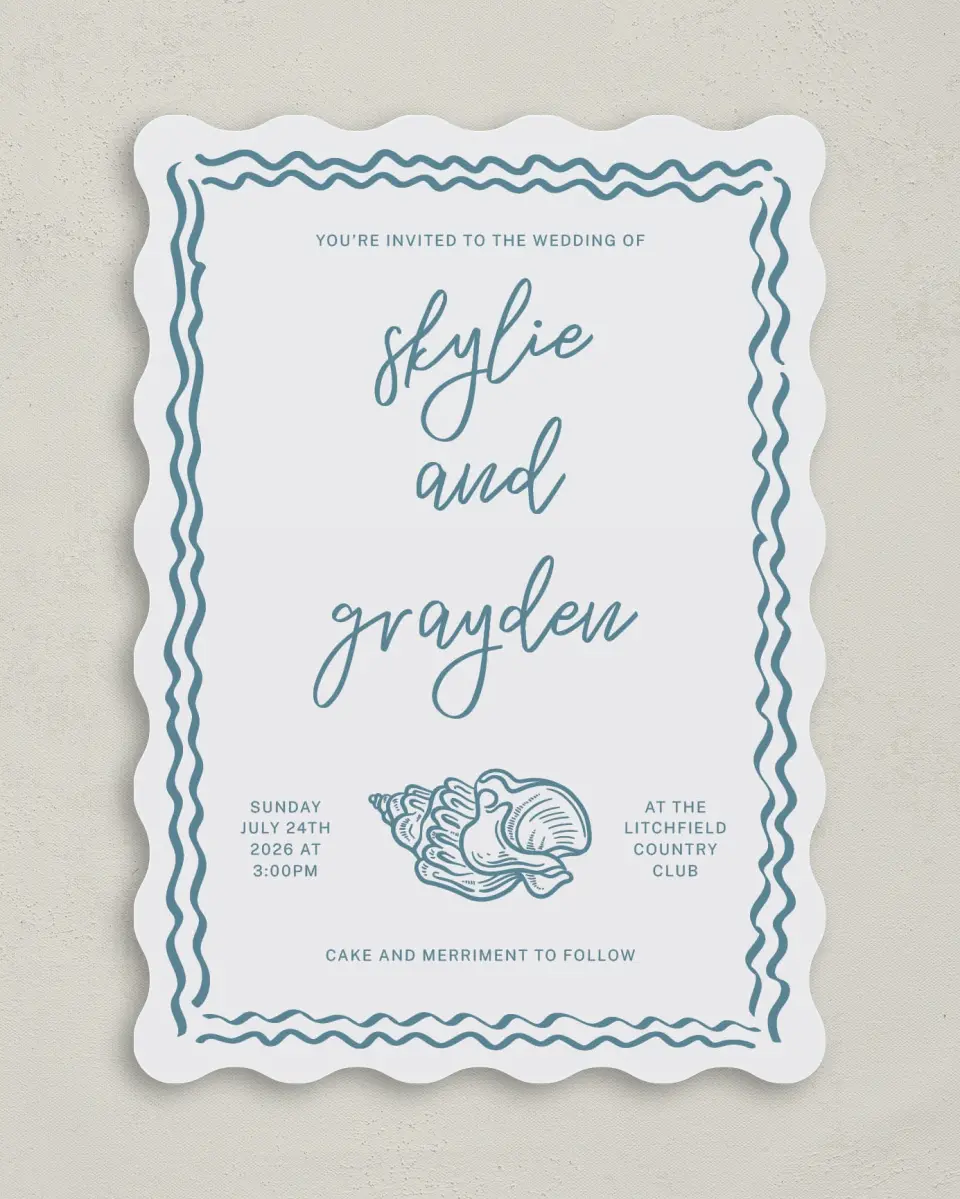This is a 5" x 7" Wavy Wedding Invitation called I Hear Wedding Shells printed in full color on Premium Smooth paper