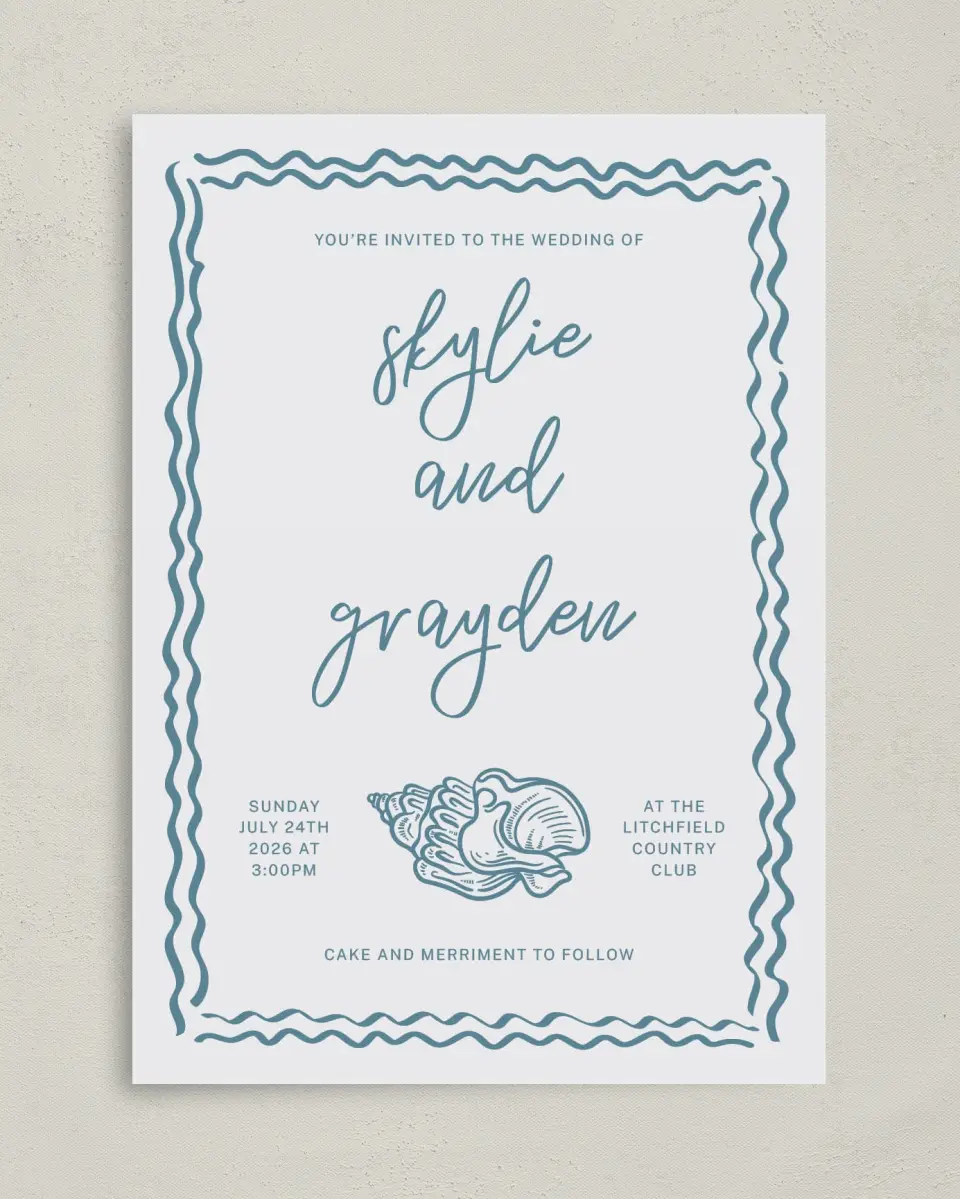 This is a 5" x 7" Classic Wedding Invitation called I Hear Wedding Shells printed in full color on Premium Smooth paper