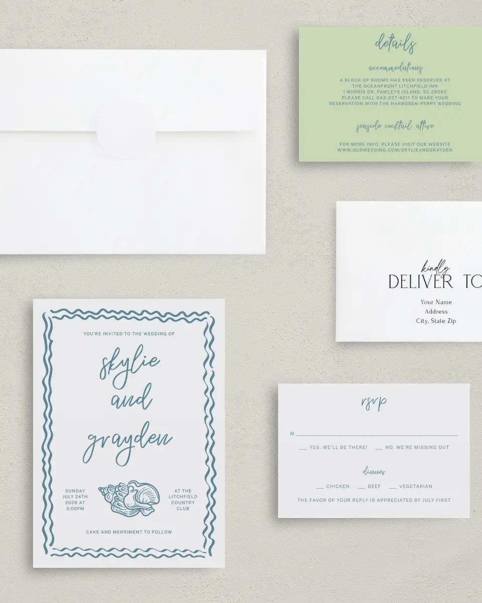 This is a 5" x 7" Classic Wedding Invitation called I Hear Wedding Shells printed in full color with Rose Gold foil on Luxe Satin (coated) paper