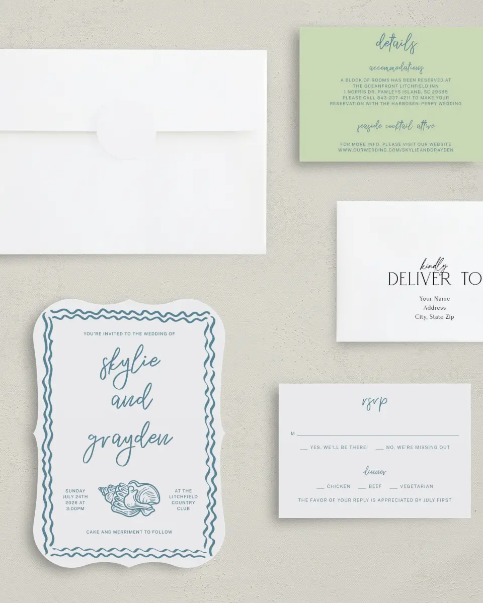 This is a 5" x 7" Bracket Wedding Invitation called I Hear Wedding Shells printed in full color with Silver foil on Luxe Satin (coated) paper