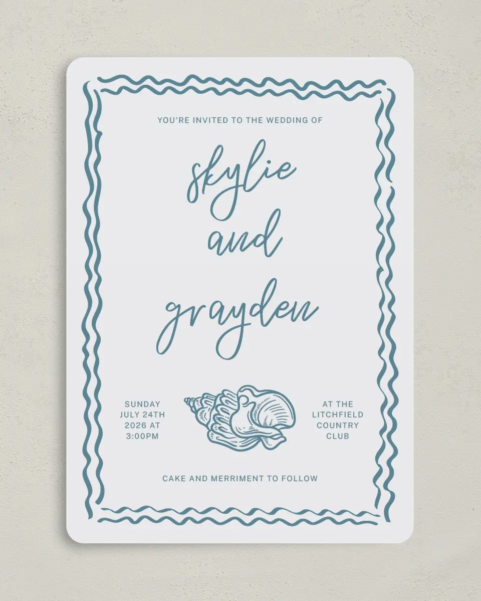 This is a 5" x 7" Rounded Wedding Invitation called I Hear Wedding Shells printed in full color on Premium Smooth paper