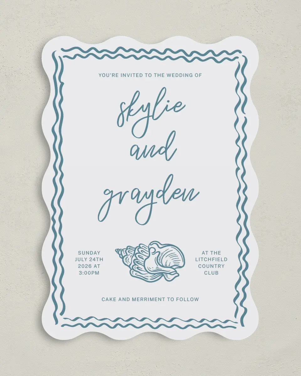 This is a 5" x 7" Wavy Wedding Invitation called I Hear Wedding Shells printed in full color on Premium Smooth paper