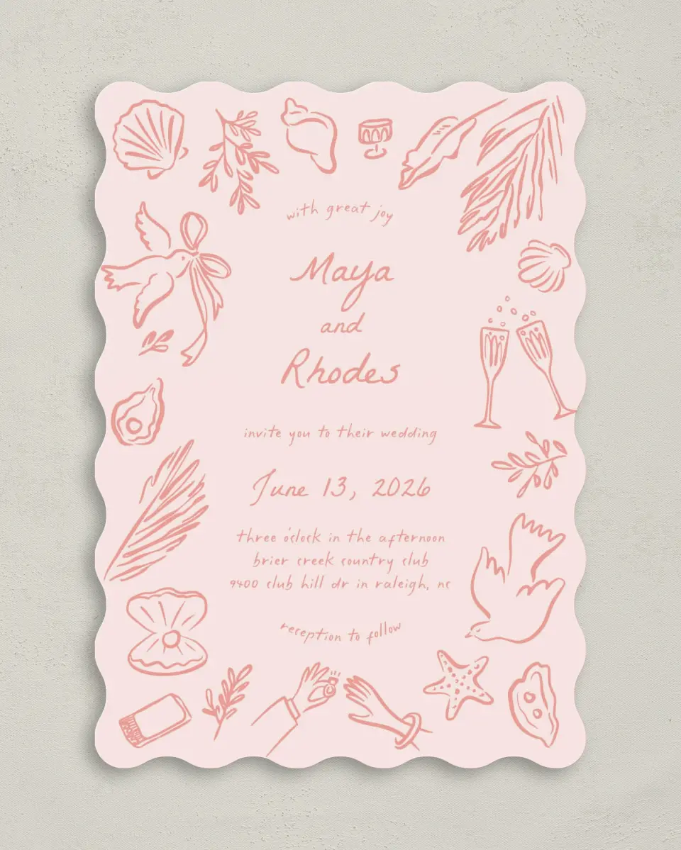 This is a 5" x 7" Wavy Wedding Invitation called Maritime Vows printed in full color on Premium Smooth paper