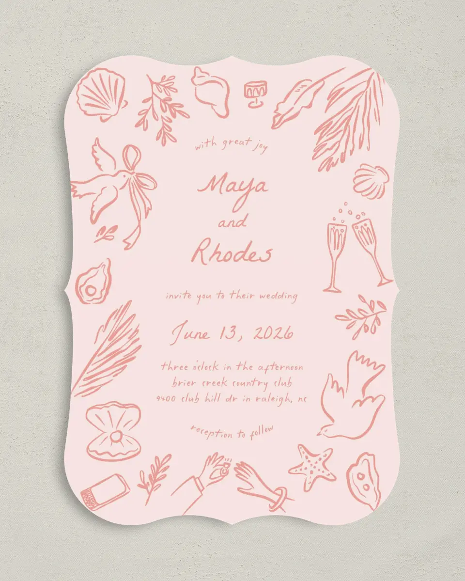 This is a 5" x 7" Bracket Wedding Invitation called Maritime Vows printed in full color with Silver foil on Luxe Satin (coated) paper