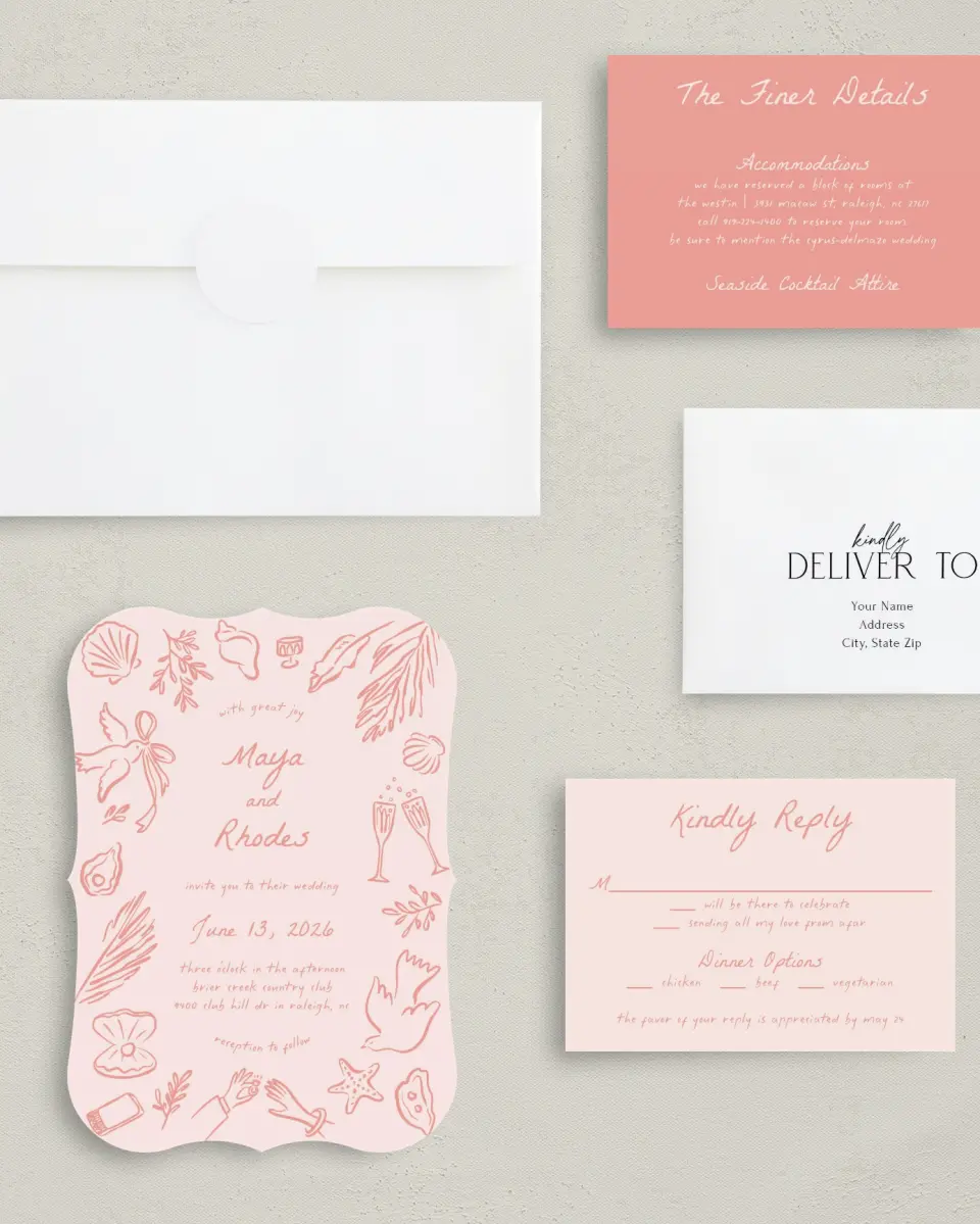 This is a 5" x 7" Bracket Wedding Invitation called Maritime Vows printed in full color with Silver foil on Luxe Satin (coated) paper