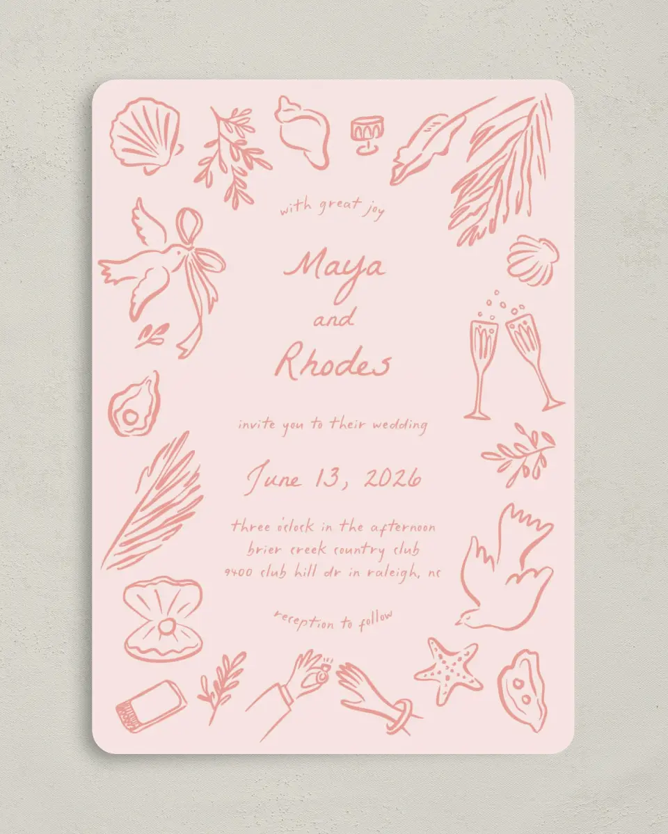 This is a 5" x 7" Rounded Wedding Invitation called Maritime Vows printed in full color on Premium Smooth paper