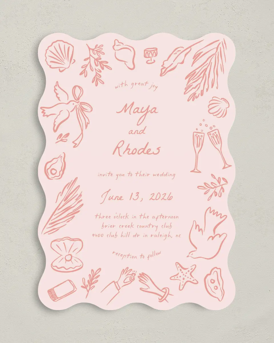This is a 5" x 7" Wavy Wedding Invitation called Maritime Vows printed in full color on Premium Smooth paper