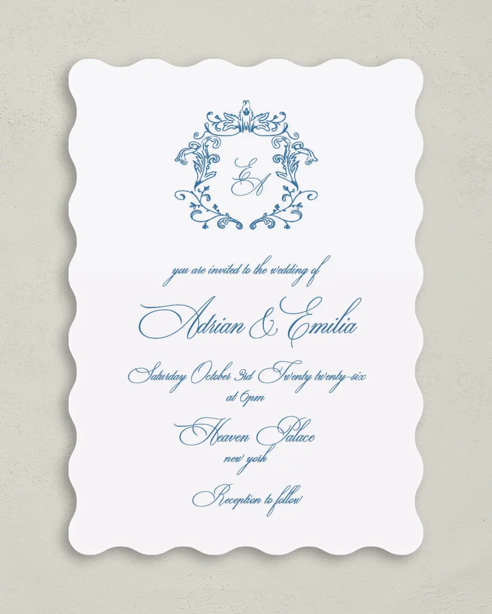 This is a 5" x 7" Wavy Wedding Invitation called Blue Toile Romance printed in full color on Premium Smooth paper