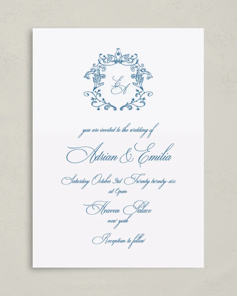 This is a 5" x 7" Classic Wedding Invitation called Blue Toile Romance printed in full color on Premium Smooth paper