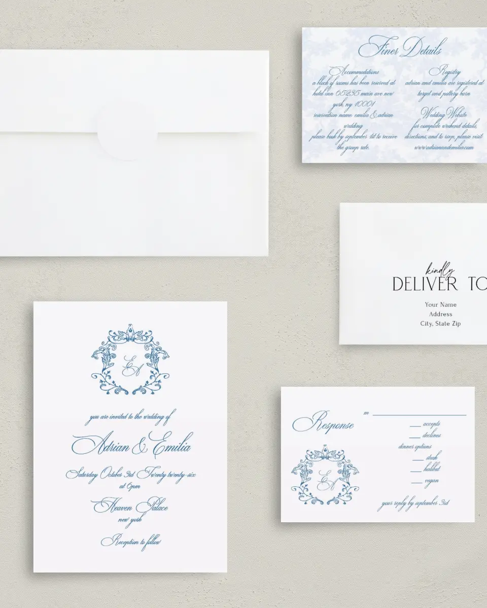 This is a 5" x 7" Classic Wedding Invitation called Blue Toile Romance printed in full color with Silver foil on Luxe Satin (coated) paper