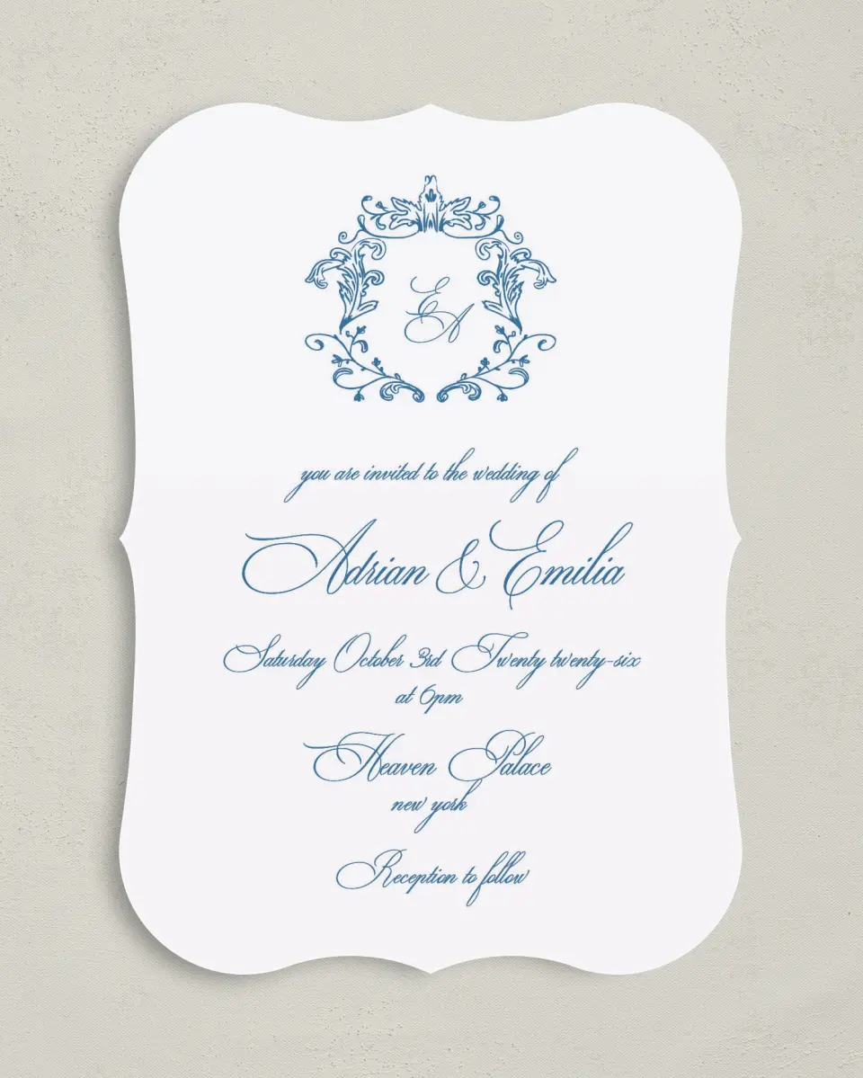 This is a 5" x 7" Bracket Wedding Invitation called Blue Toile Romance printed in full color with Silver foil on Luxe Satin (coated) paper