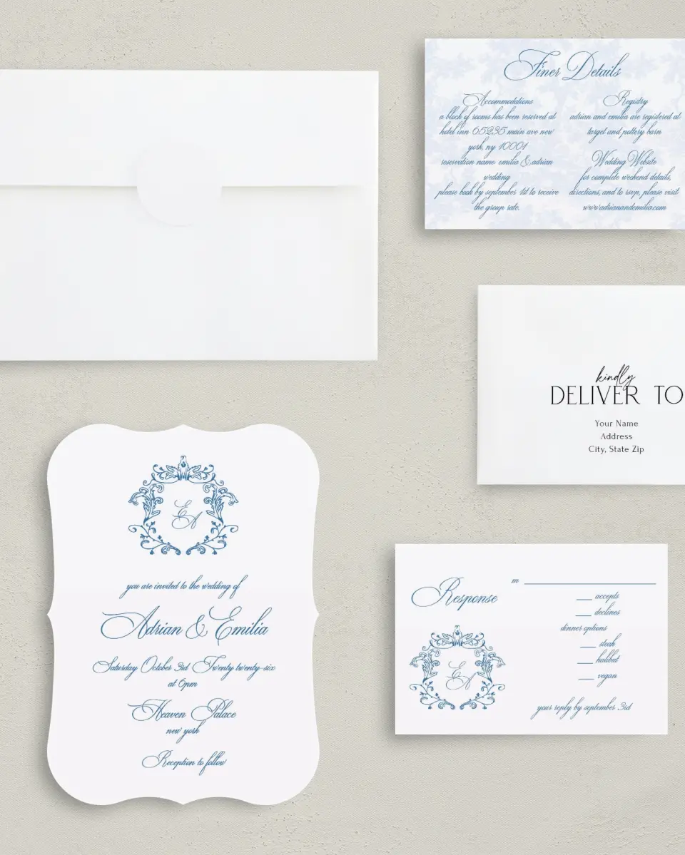 This is a 5" x 7" Bracket Wedding Invitation called Blue Toile Romance printed in full color with Silver foil on Luxe Satin (coated) paper