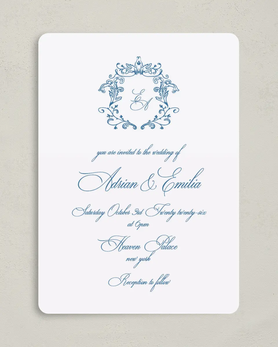 This is a 5" x 7" Rounded Wedding Invitation called Blue Toile Romance printed in full color on Premium Smooth paper