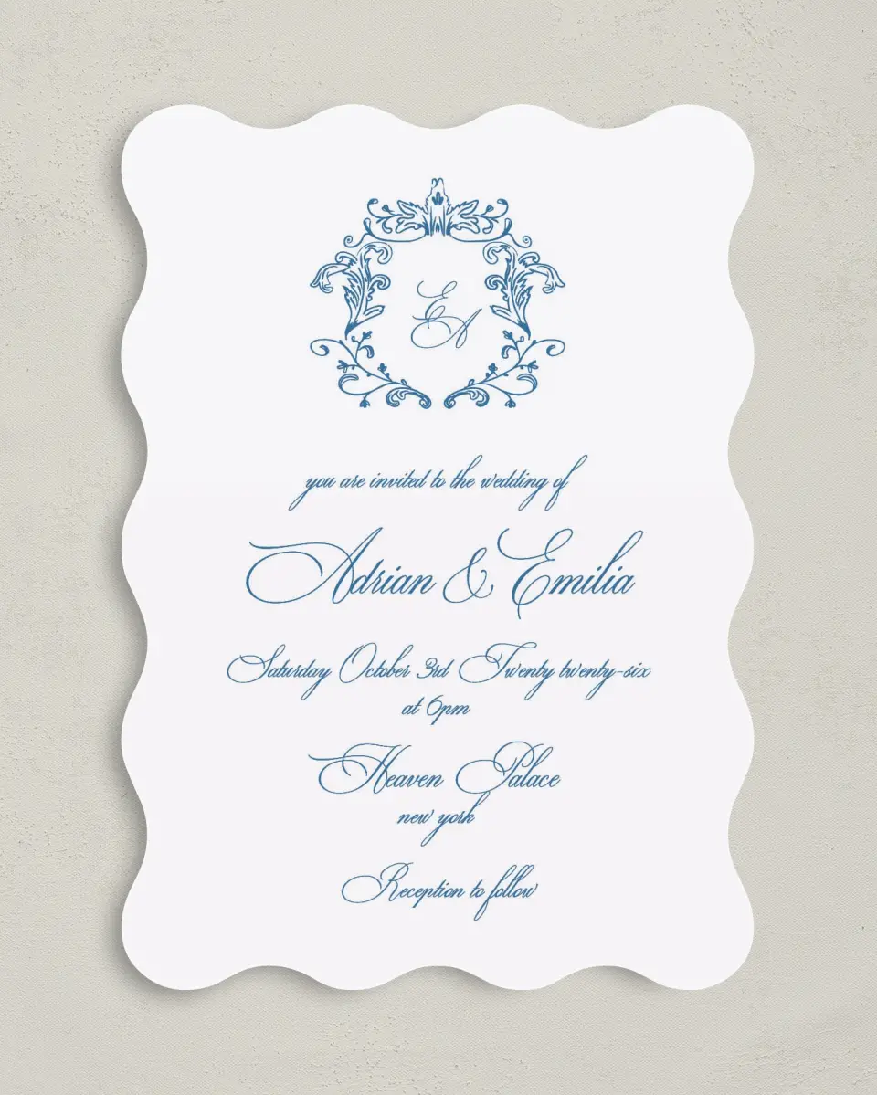 This is a 5" x 7" Wavy Wedding Invitation called Blue Toile Romance printed in full color on Premium Smooth paper