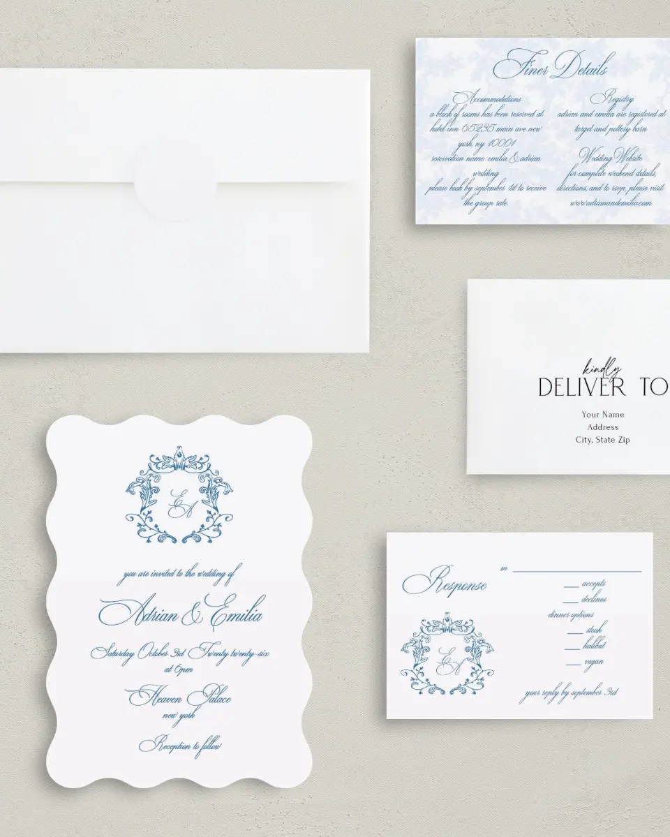 This is a 5" x 7" Wavy Wedding Invitation called Blue Toile Romance printed in full color with Silver foil on Luxe Satin (coated) paper