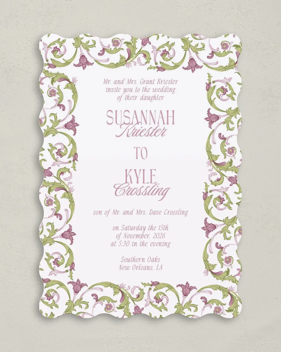This is a 5" x 7" Wavy Wedding Invitation called Ornate Garden printed in full color on Premium Smooth paper