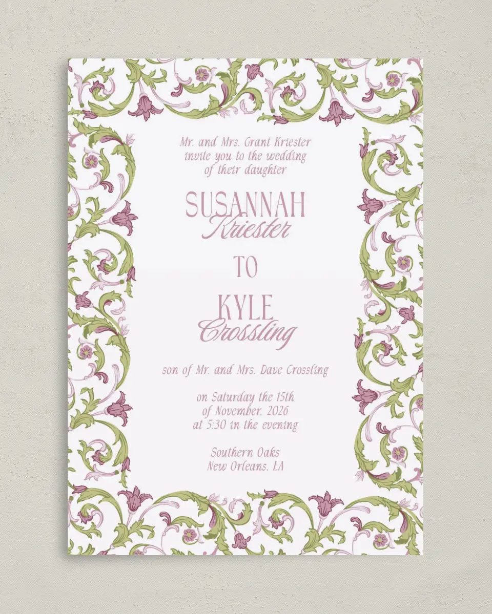 This is a 5" x 7" Classic Wedding Invitation called Ornate Garden printed in full color on Premium Smooth paper