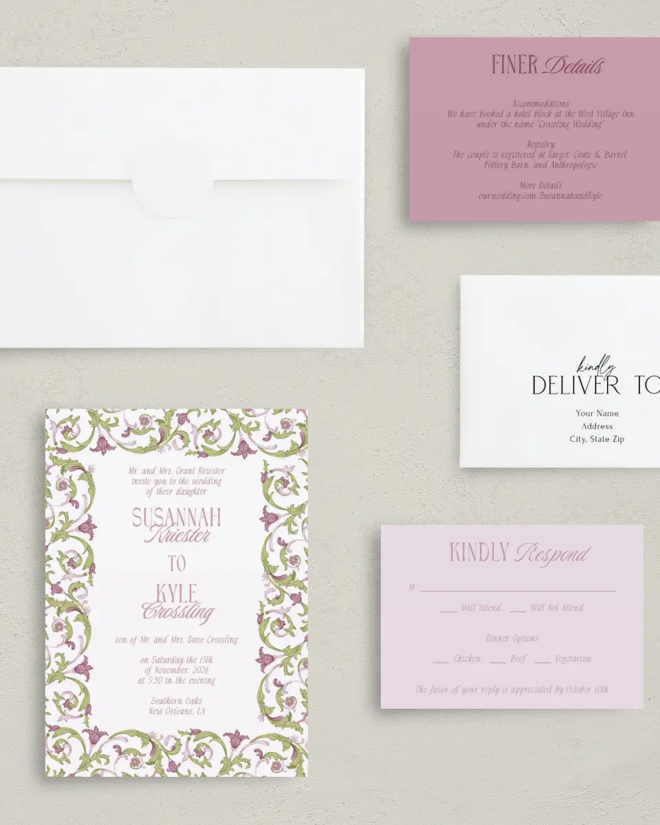 This is a 5" x 7" Classic Wedding Invitation called Ornate Garden printed in full color with Gold foil on Luxe Satin (coated) paper