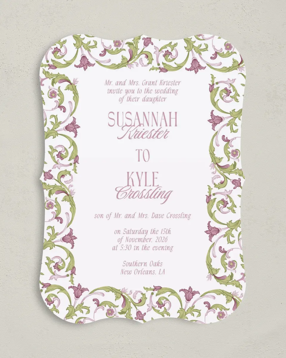 This is a 5" x 7" Bracket Wedding Invitation called Ornate Garden printed in full color with Silver foil on Luxe Satin (coated) paper
