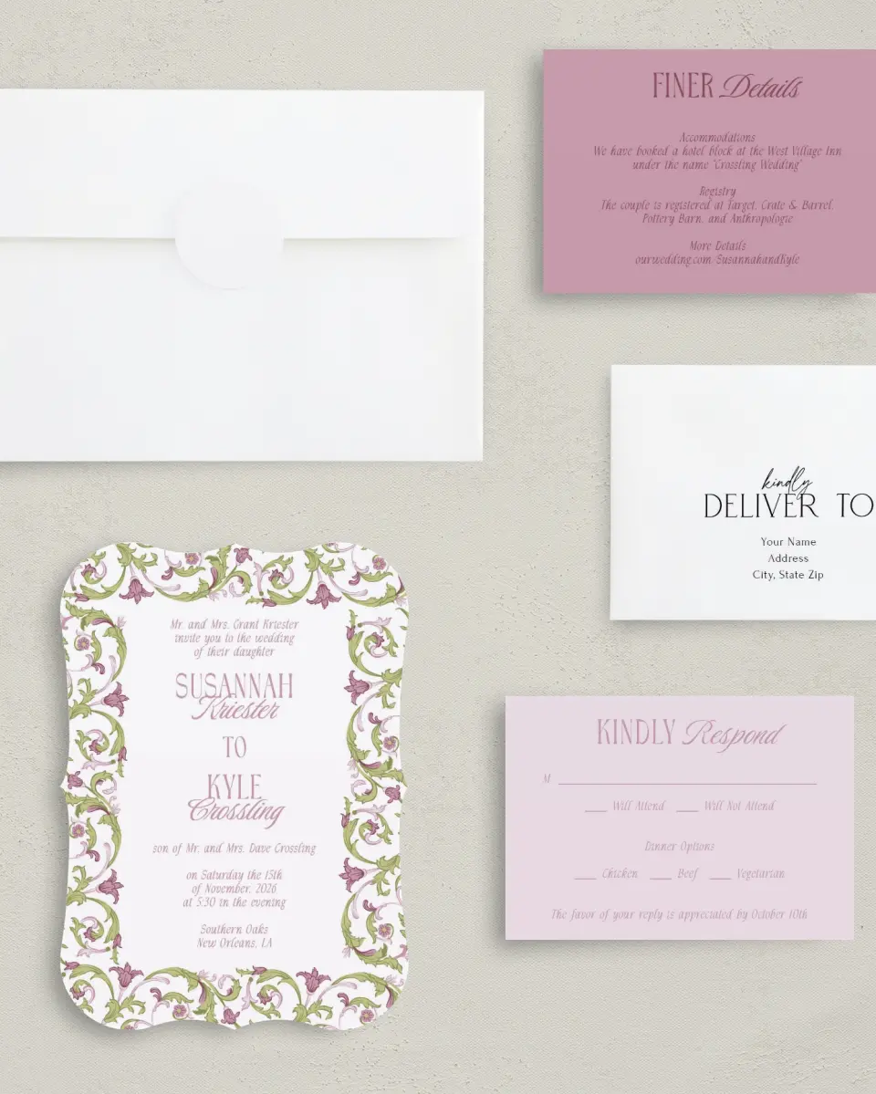 This is a 5" x 7" Bracket Wedding Invitation called Ornate Garden printed in full color with Silver foil on Luxe Satin (coated) paper