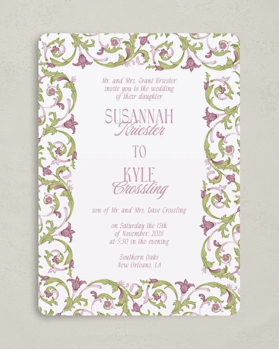 This is a 5" x 7" Rounded Wedding Invitation called Ornate Garden printed in full color on Premium Smooth paper