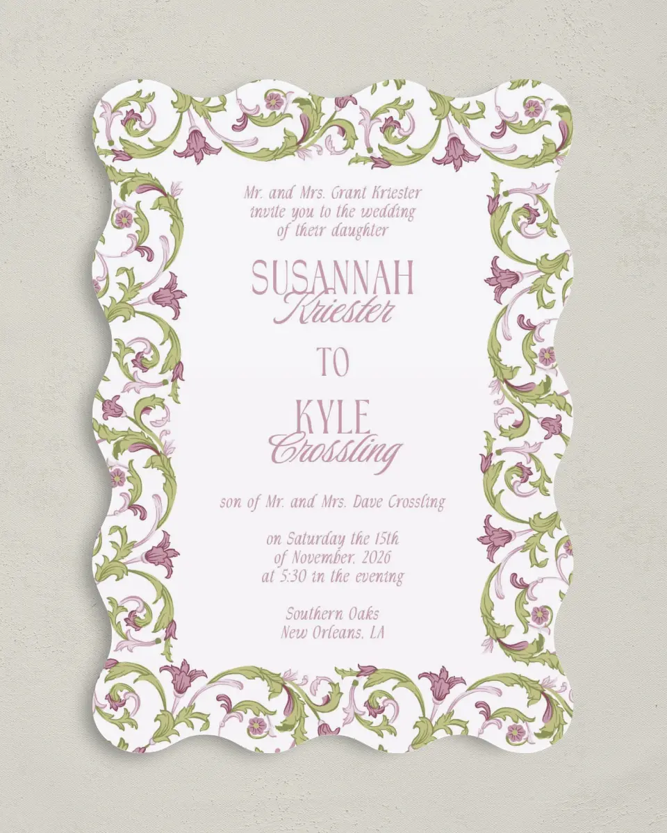 This is a 5" x 7" Wavy Wedding Invitation called Ornate Garden printed in full color with Gold foil on Luxe Satin (coated) paper