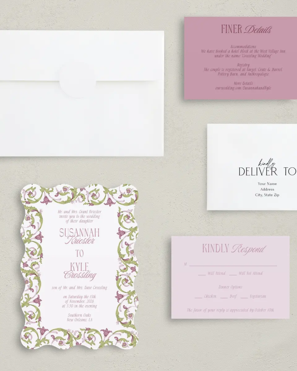 This is a 5" x 7" Wavy Wedding Invitation called Ornate Garden printed in full color with Gold foil on Luxe Satin (coated) paper