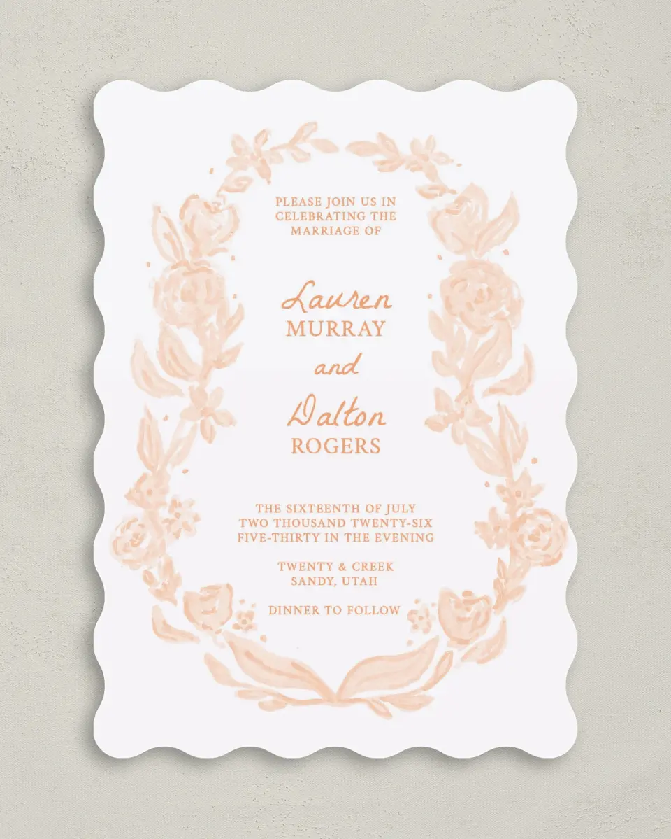 This is a 5" x 7" Wavy Wedding Invitation called Ever After Blooms printed in full color on Premium Smooth paper
