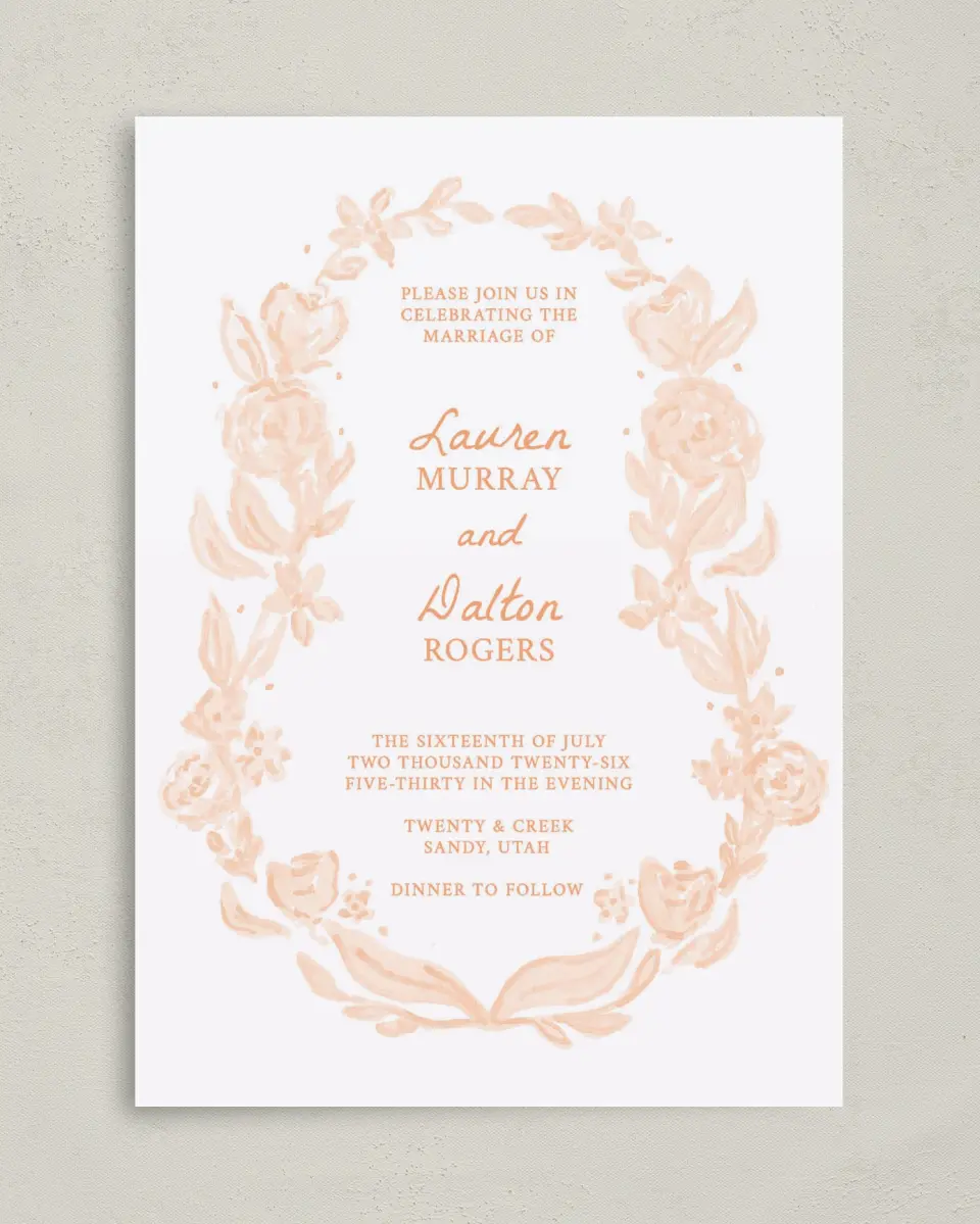 This is a 5" x 7" Classic Wedding Invitation called Ever After Blooms printed in full color on Premium Smooth paper