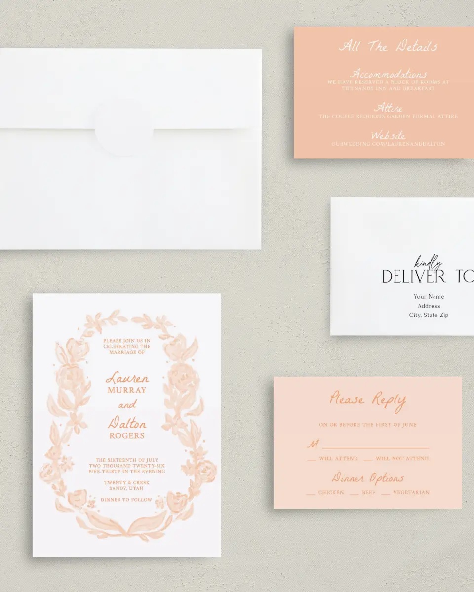 This is a 5" x 7" Classic Wedding Invitation called Ever After Blooms printed in full color with Rose Gold foil on Luxe Satin (coated) paper
