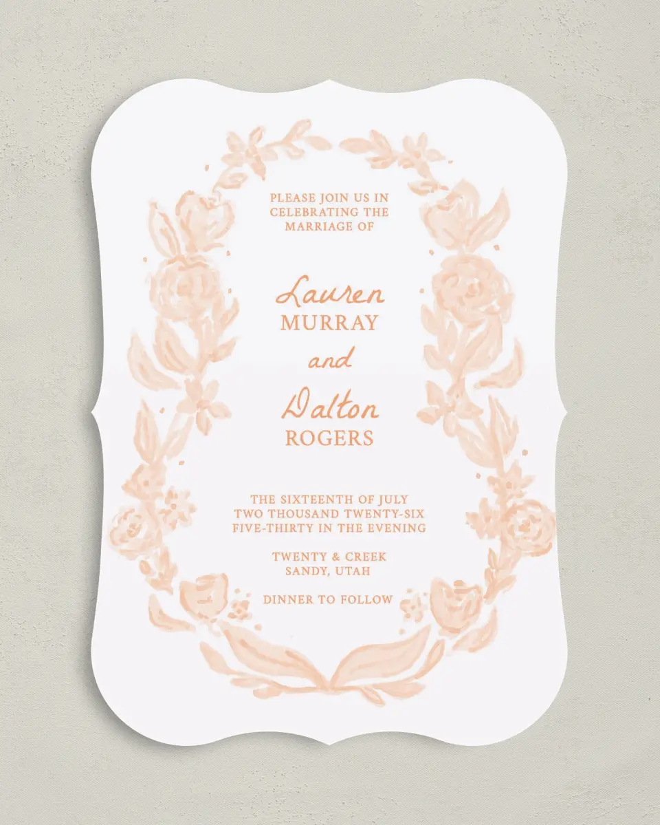 This is a 5" x 7" Bracket Wedding Invitation called Ever After Blooms printed in full color with Silver foil on Luxe Satin (coated) paper