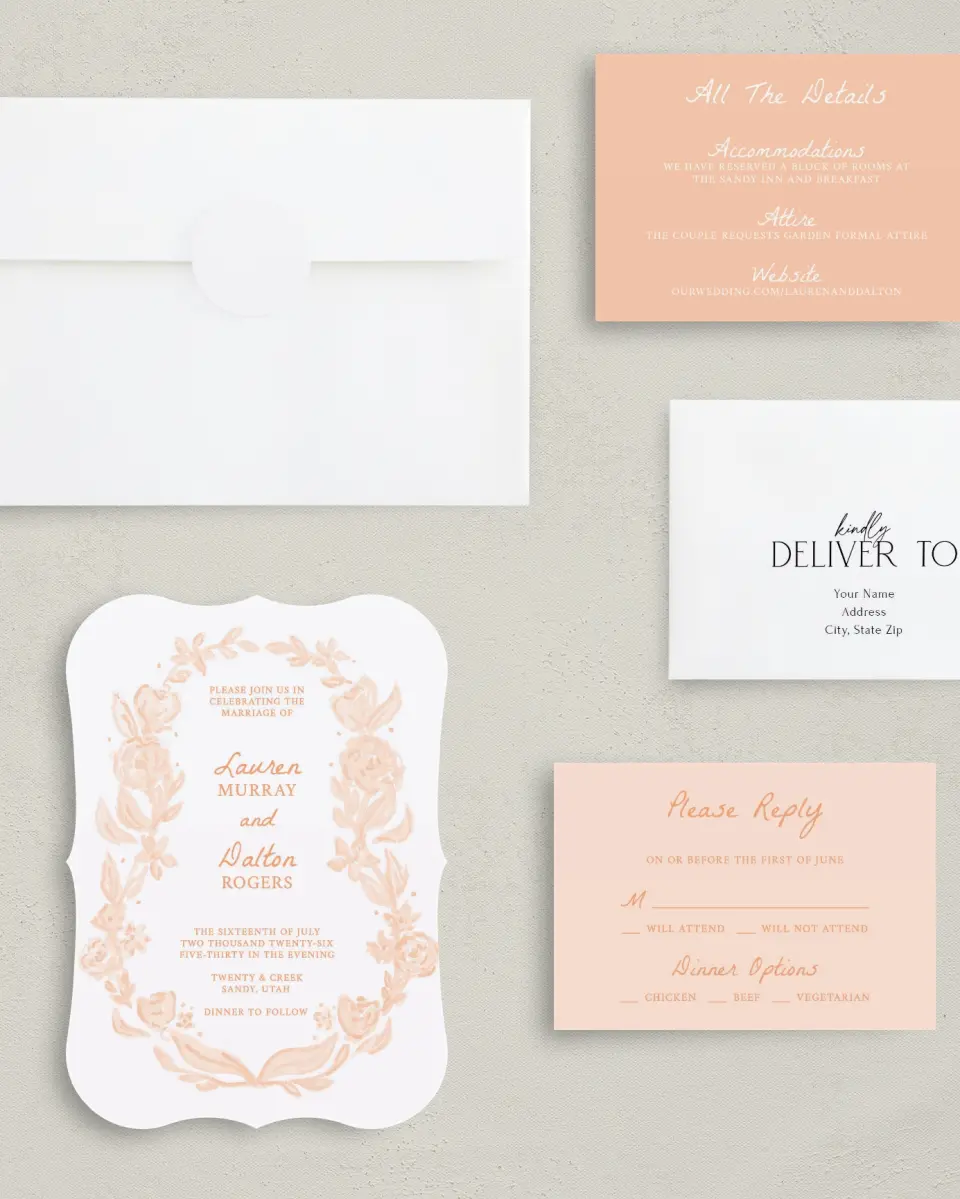 This is a 5" x 7" Bracket Wedding Invitation called Ever After Blooms printed in full color with Silver foil on Luxe Satin (coated) paper