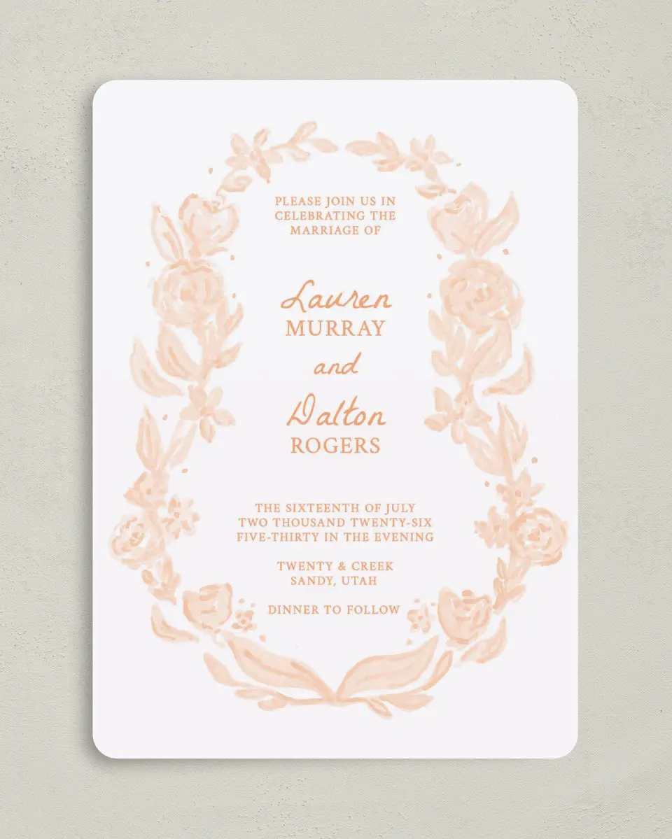 This is a 5" x 7" Rounded Wedding Invitation called Ever After Blooms printed in full color on Premium Smooth paper
