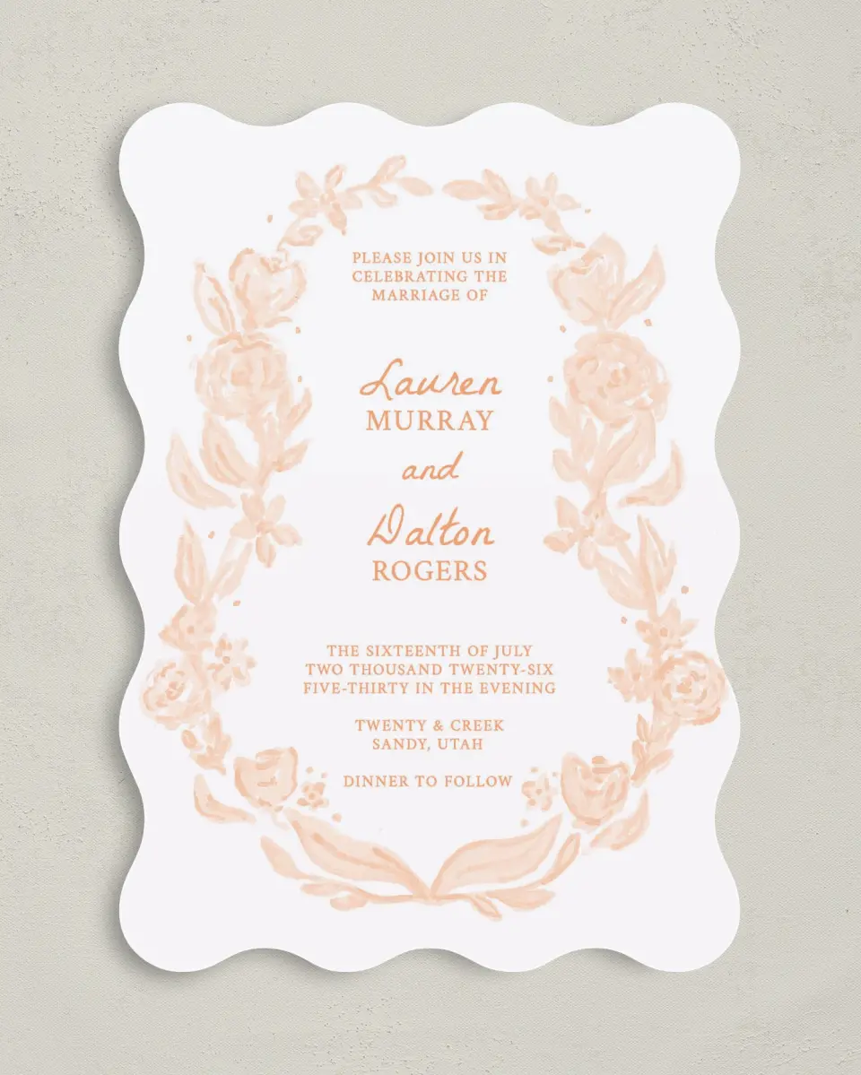 This is a 5" x 7" Wavy Wedding Invitation called Ever After Blooms printed in full color with Gold foil on Luxe Satin (coated) paper