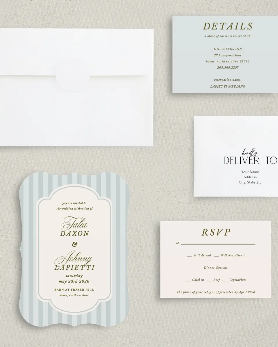 This is a 5" x 7" Bracket Wedding Invitation called Love You Forever printed in full color with Silver foil on Luxe Satin (coated) paper