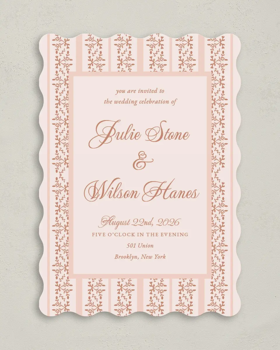 This is a 5" x 7" Wavy Wedding Invitation called Patterned Love printed in full color on Premium Smooth paper