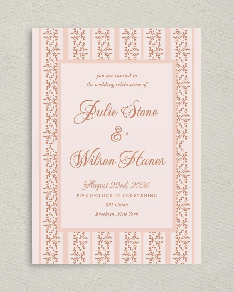 This is a 5" x 7" Classic Wedding Invitation called Patterned Love printed in full color with Silver foil on Luxe Satin (coated) paper