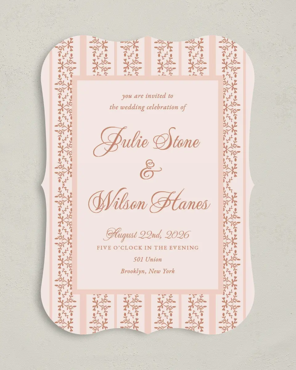 This is a 5" x 7" Bracket Wedding Invitation called Patterned Love printed in full color on Premium Smooth paper
